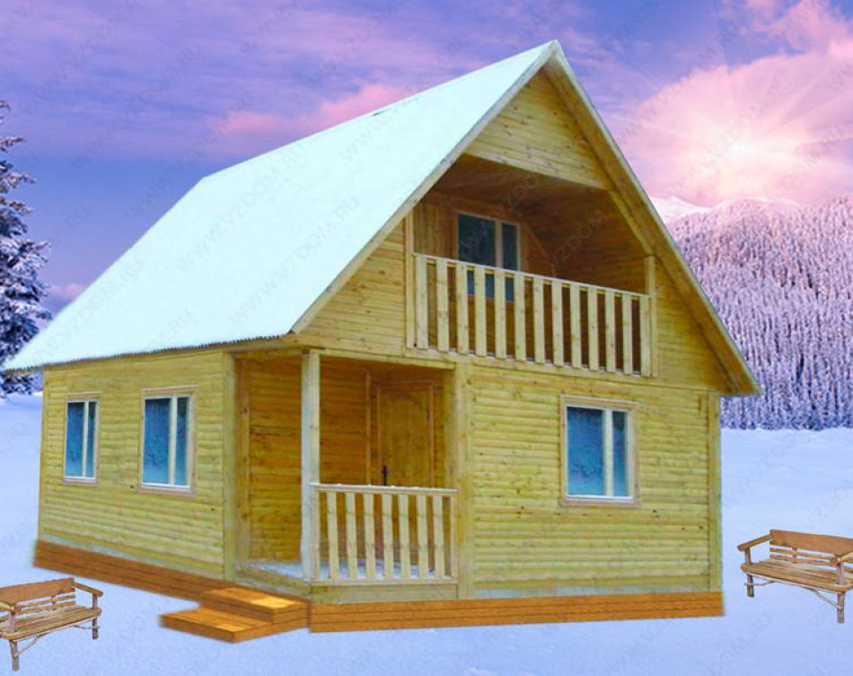 № 01-40. Каркасный дом 5х5 с крыльцом и лоджией