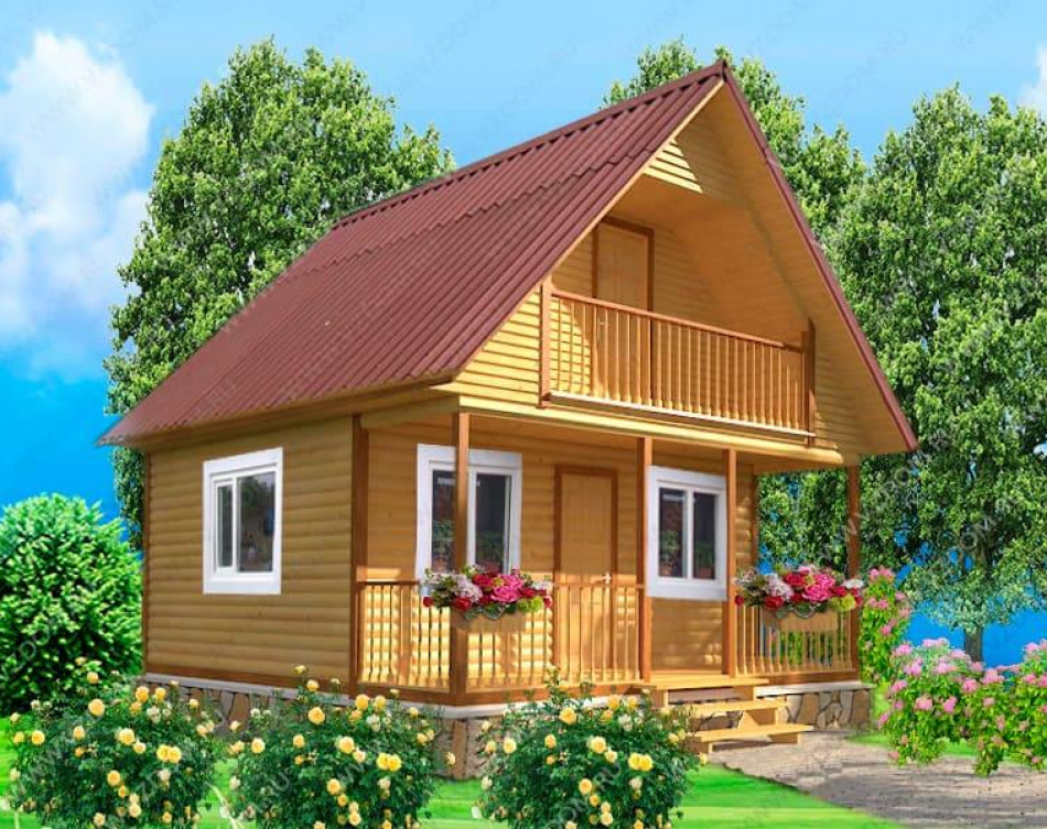 № 04-80. Дом из бруса 6х6 с террасой и лоджией