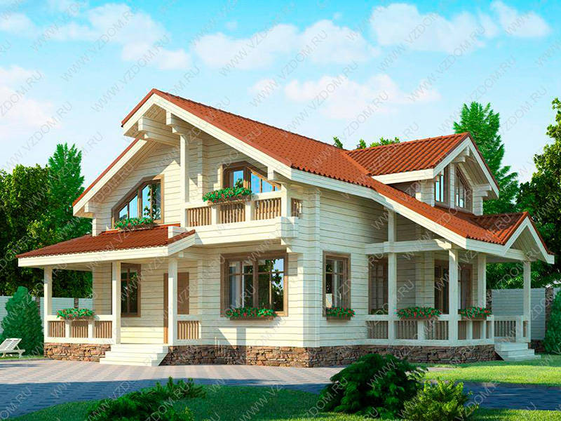 № 14-90. Дом из сухого бруса 9 х 10 м с террасами
